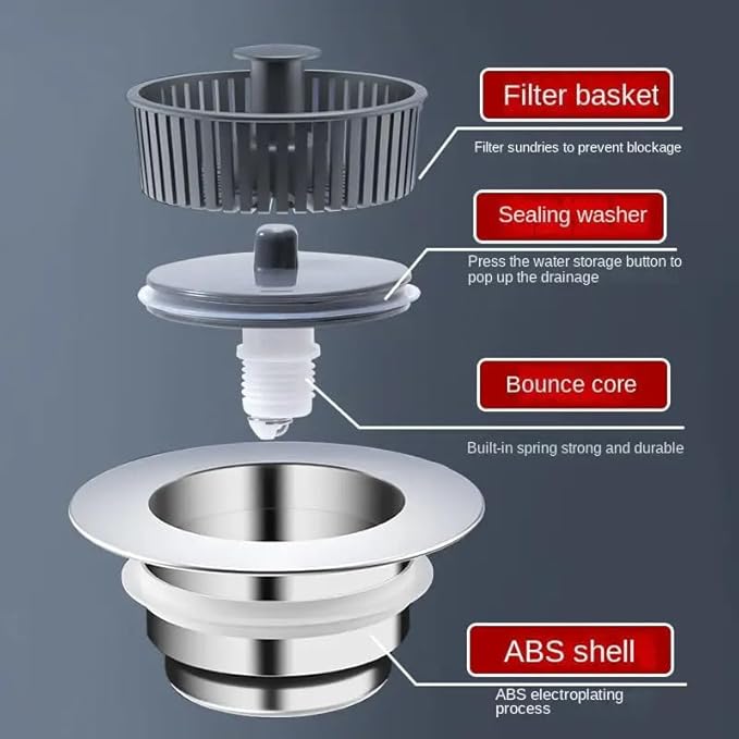 3-in-1 Pop-Up Kitchen Sink Strainer & Stopper | Stainless Steel, Chrome Finish