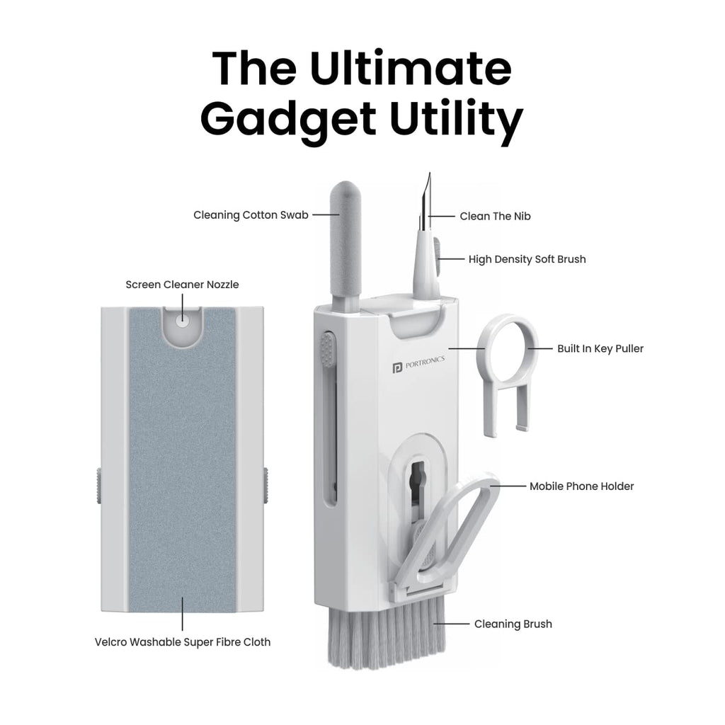 Portronics Clean M 8-in-1 Multifunctional Gadget Cleaning Kit | Mobile Holder | Keyboard, Earbuds, Laptop & Smartphone Cleaner | Compact Desk Cleaning Tool (White)