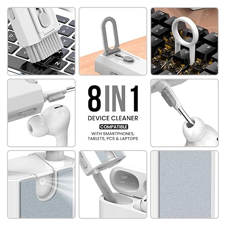 Portronics Clean M 8-in-1 Multifunctional Gadget Cleaning Kit | Mobile Holder | Keyboard, Earbuds, Laptop & Smartphone Cleaner | Compact Desk Cleaning Tool (White)