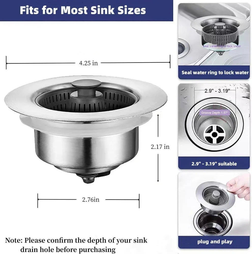 3-in-1 Pop-Up Kitchen Sink Strainer & Stopper | Stainless Steel, Chrome Finish